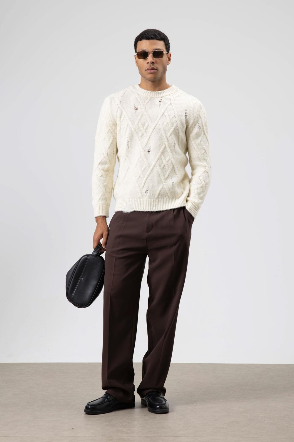 Oversize Desenli Triko Kazak Ekru