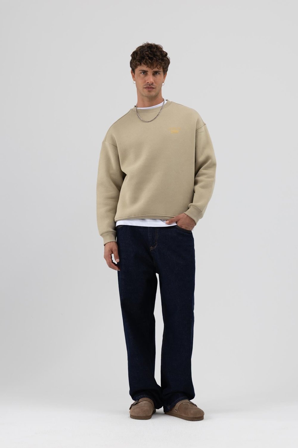 Oversize Bisiklet Yaka Baskılı Sweatshirt Haki