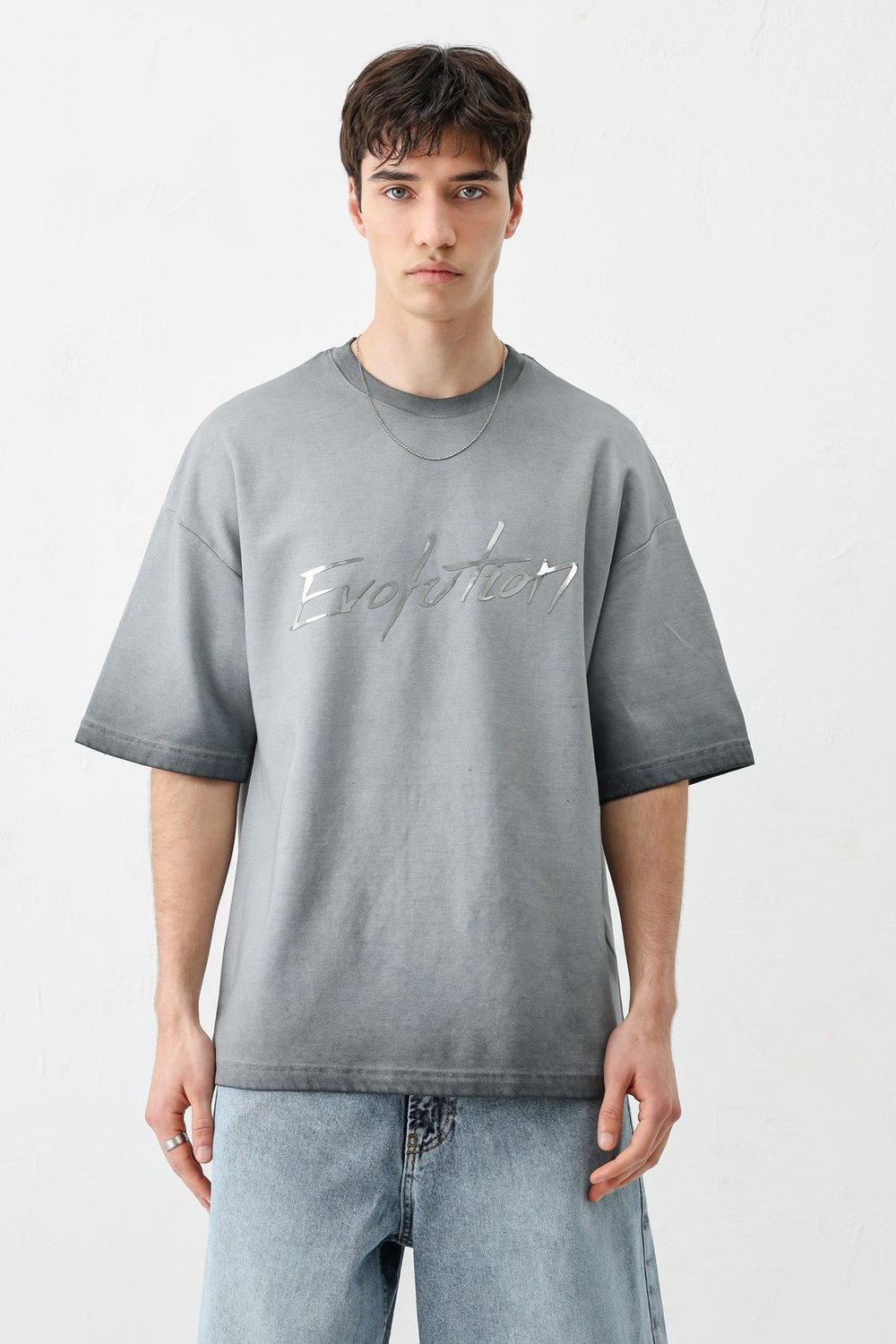 Oversize Baskılı Tişört Gri