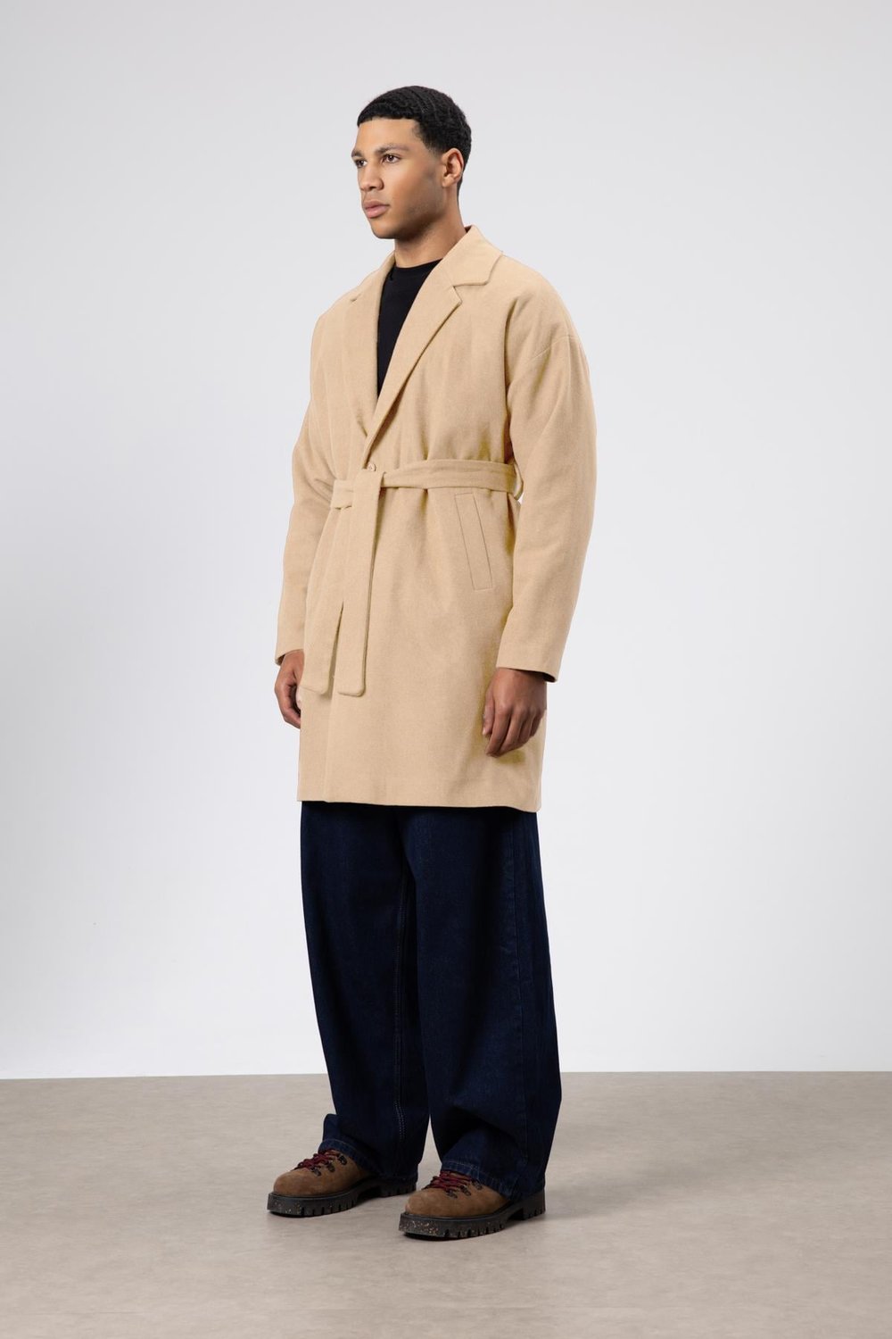 Kemerli Oversize Kaşe Kaban Bej