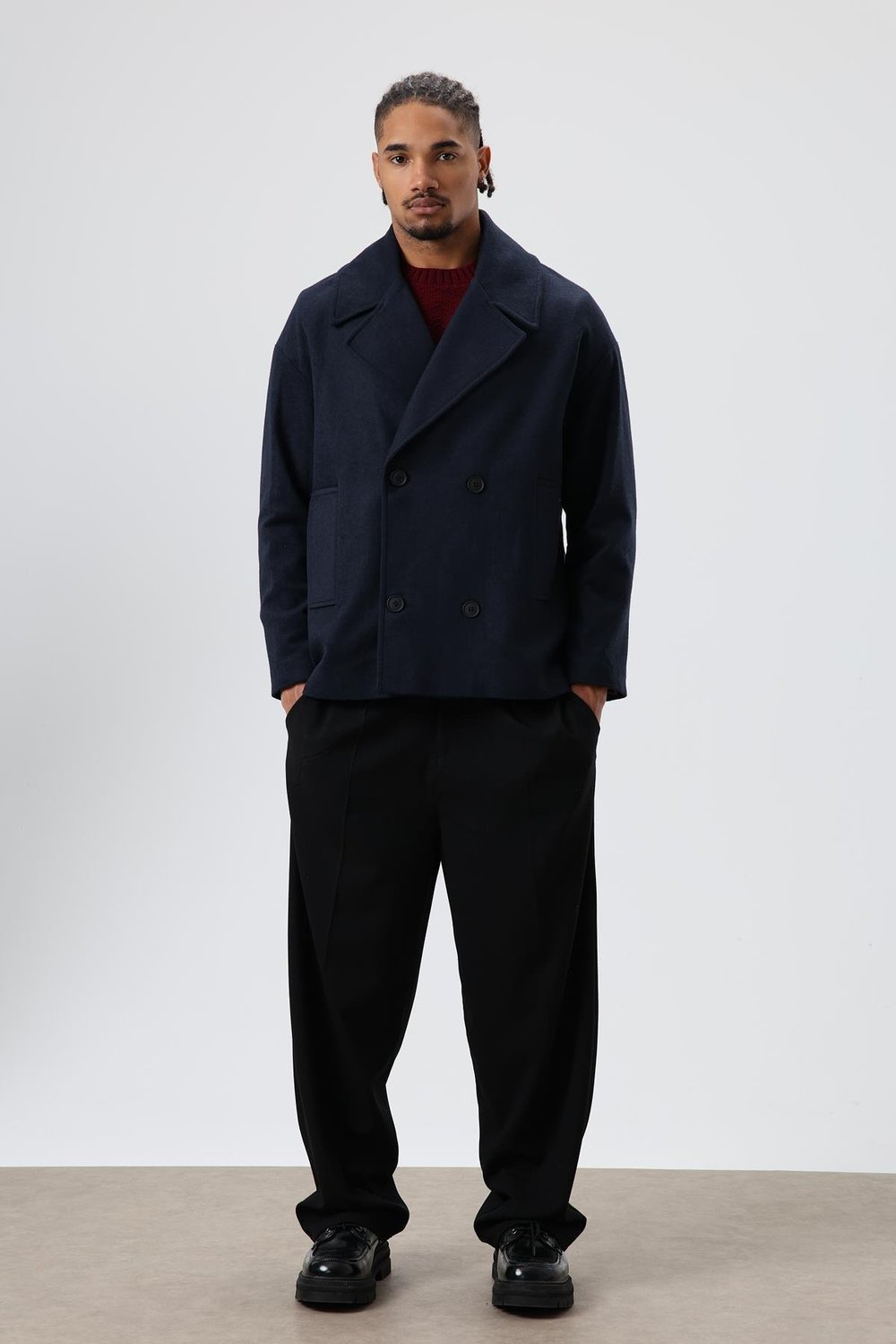 Oversize Kruvaze Kısa Kaşe Ceket Lacivert