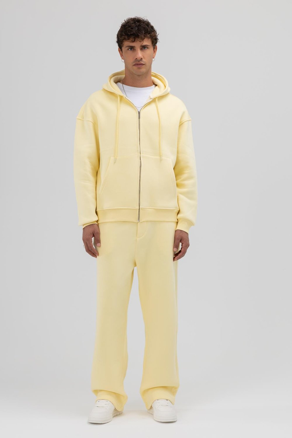 Basic Fermuarlı Oversize Kapüşonlu Sweatshirt Sarı