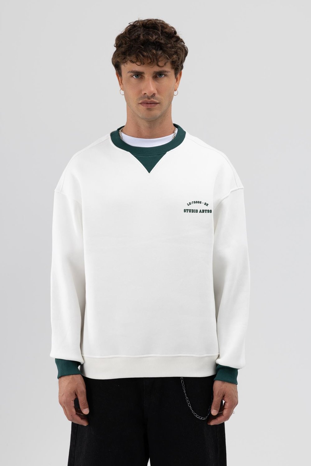 Oversize Bisiklet Yaka Baskılı Sweatshirt Ekru