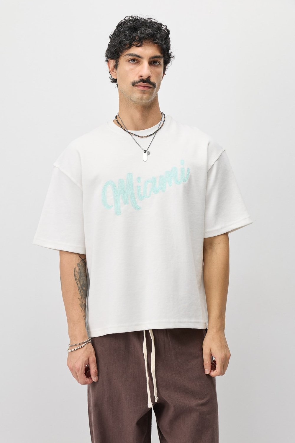 Oversize Baskılı Tişört Ekru