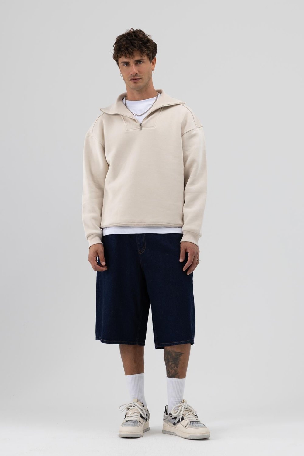 Basic Fermuarlı Dik Yaka Sweatshirt Taş