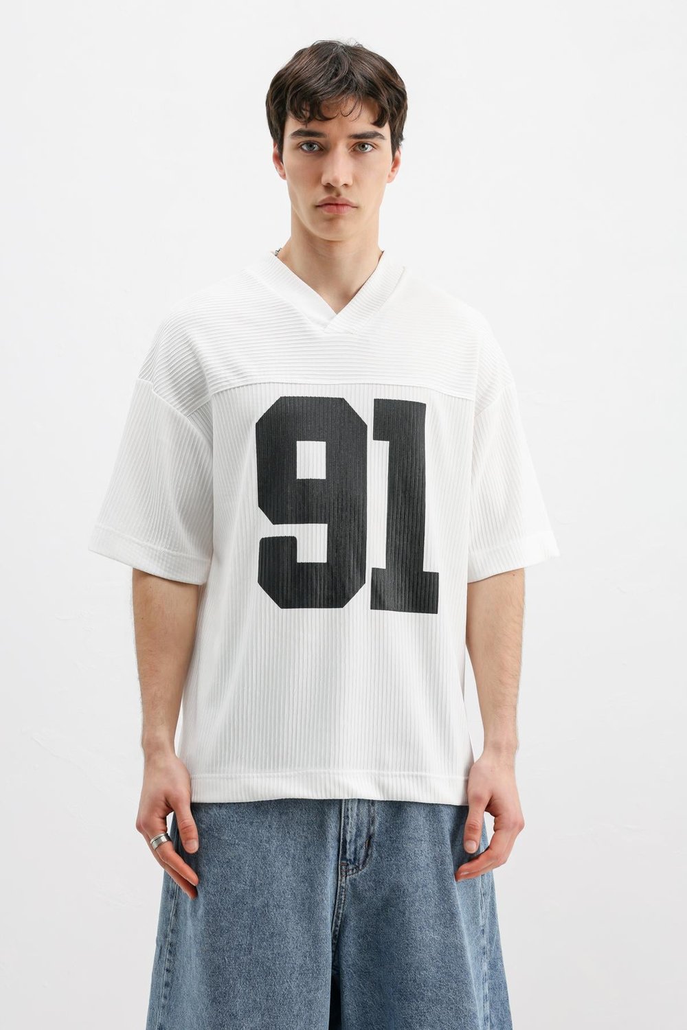 Baskılı Fitilli Oversize Tişört Ekru