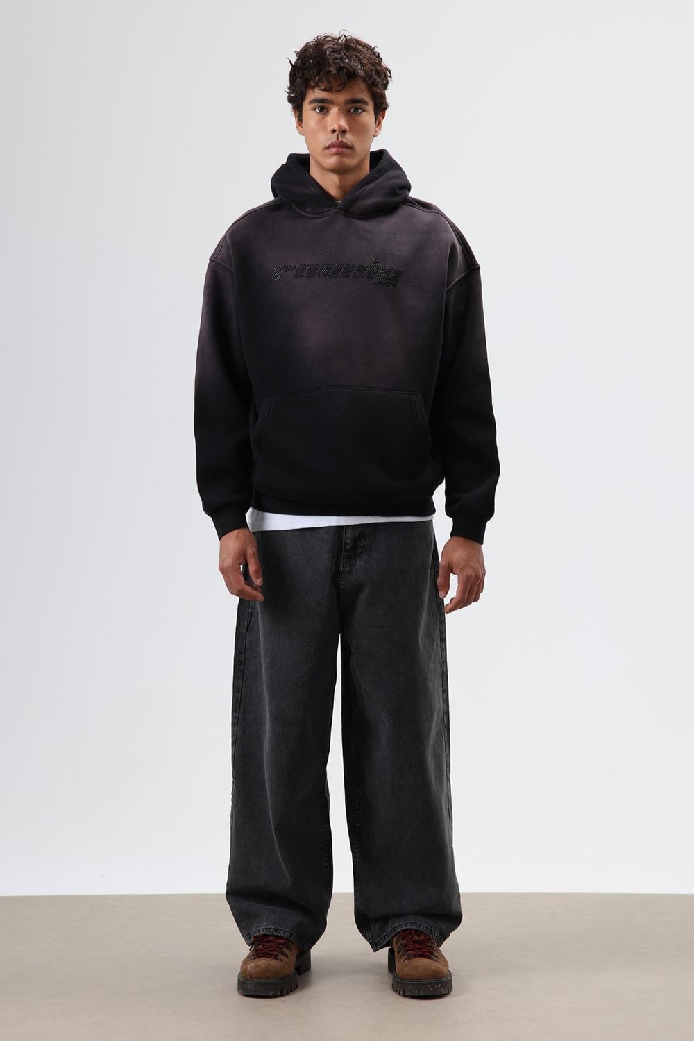 Oversize Baskılı Yıkamalı Hoodie Siyah