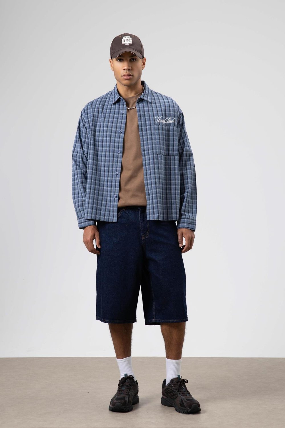 Oversize Kareli Arka Baskılı Uzun Kol Gömlek Indıgo-Lacivert