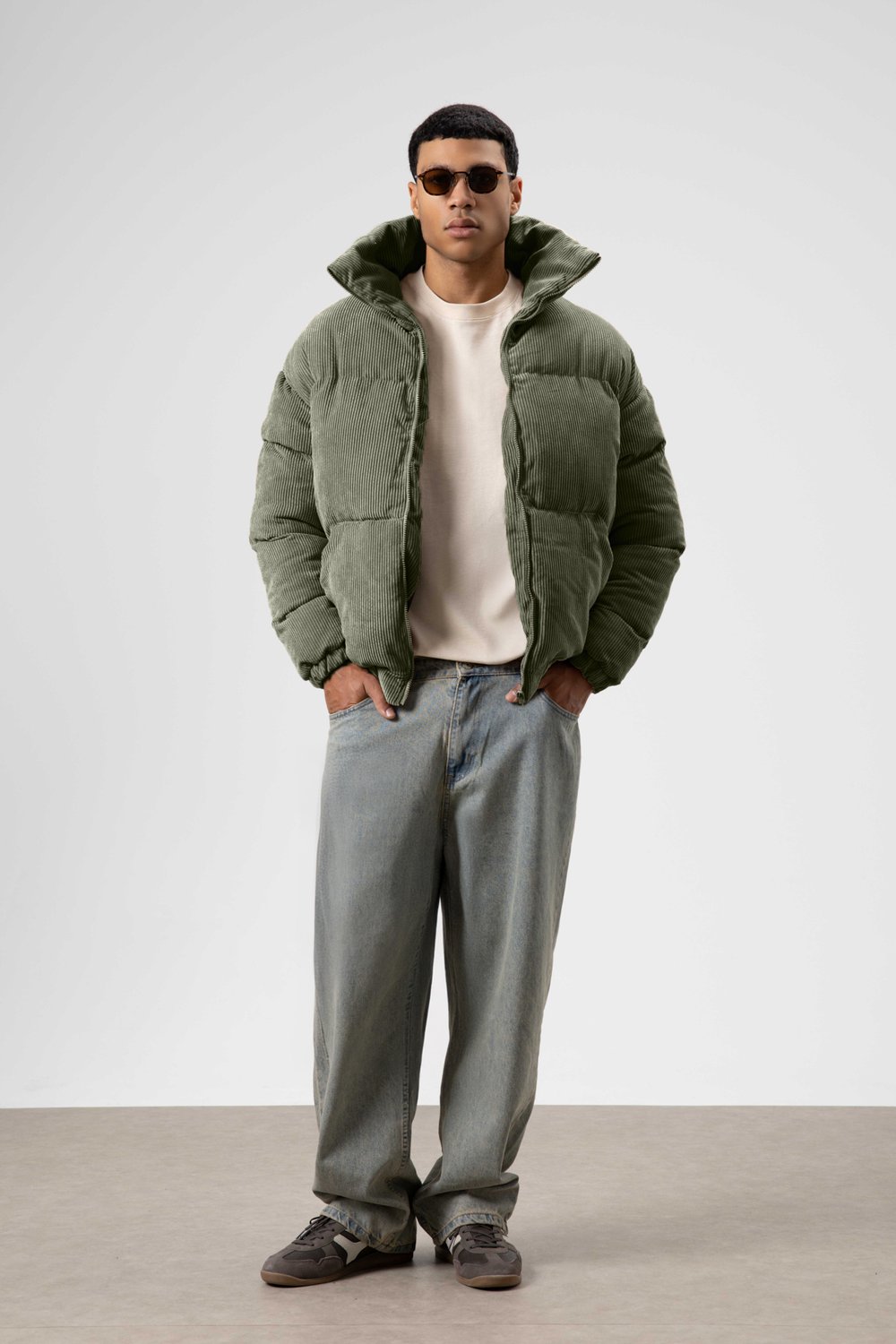 Oversize Kadife Şişme Mont Haki