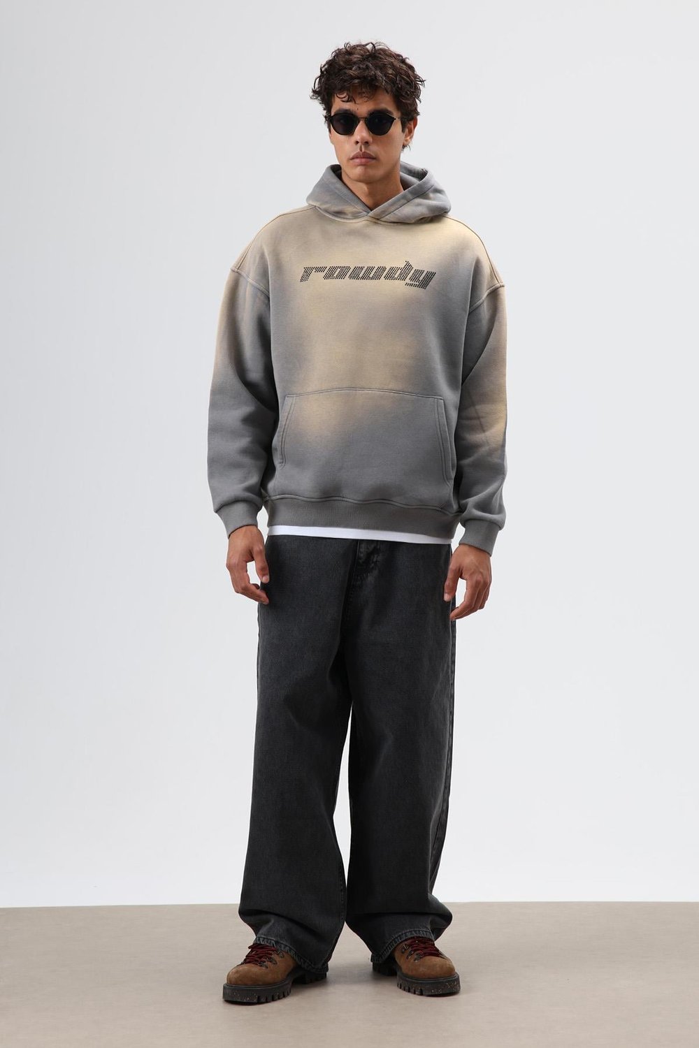 Oversize Baskılı Yıkamalı Hoodie Füme