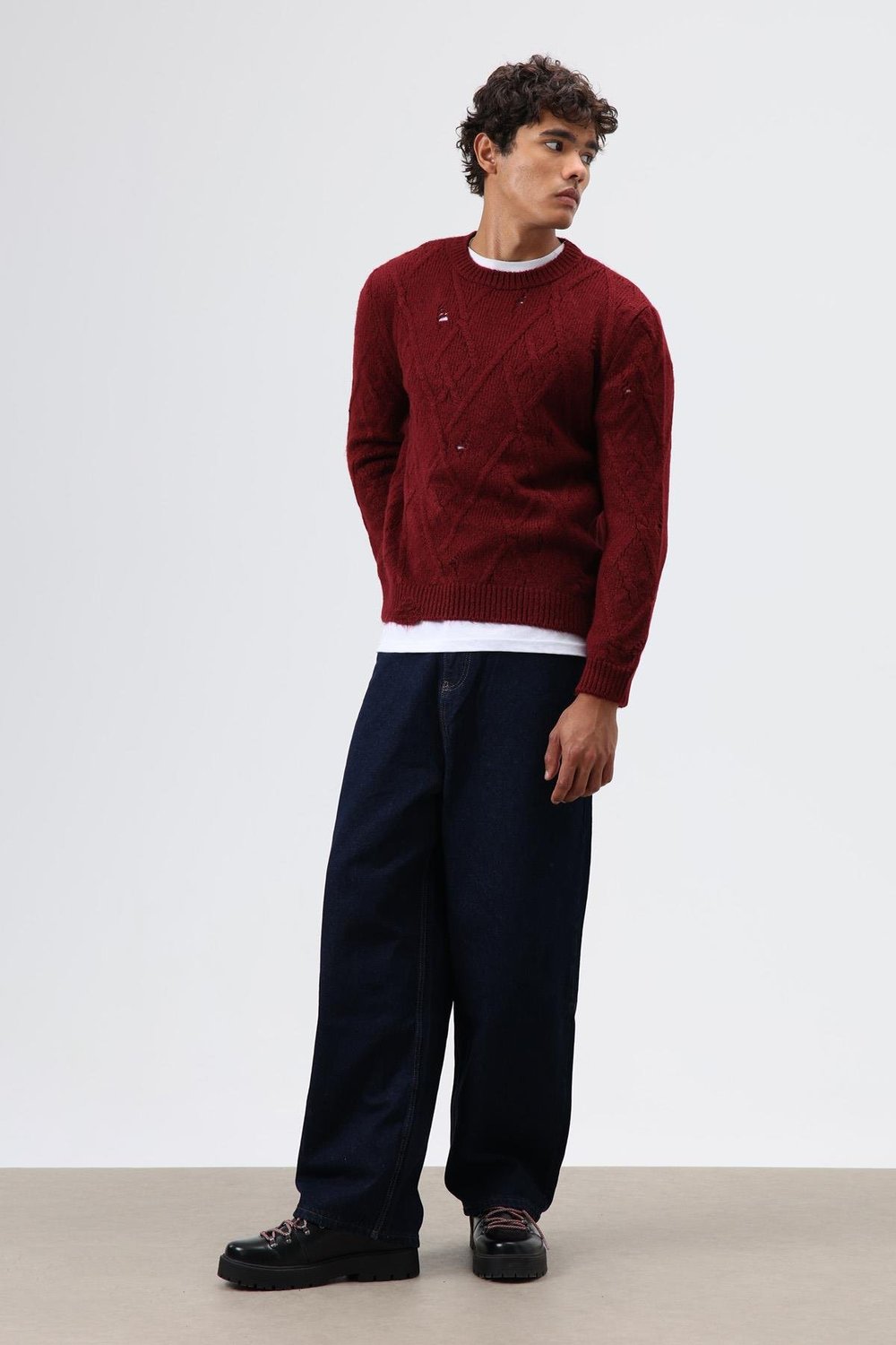 Oversize Desenli Triko Kazak Bordo