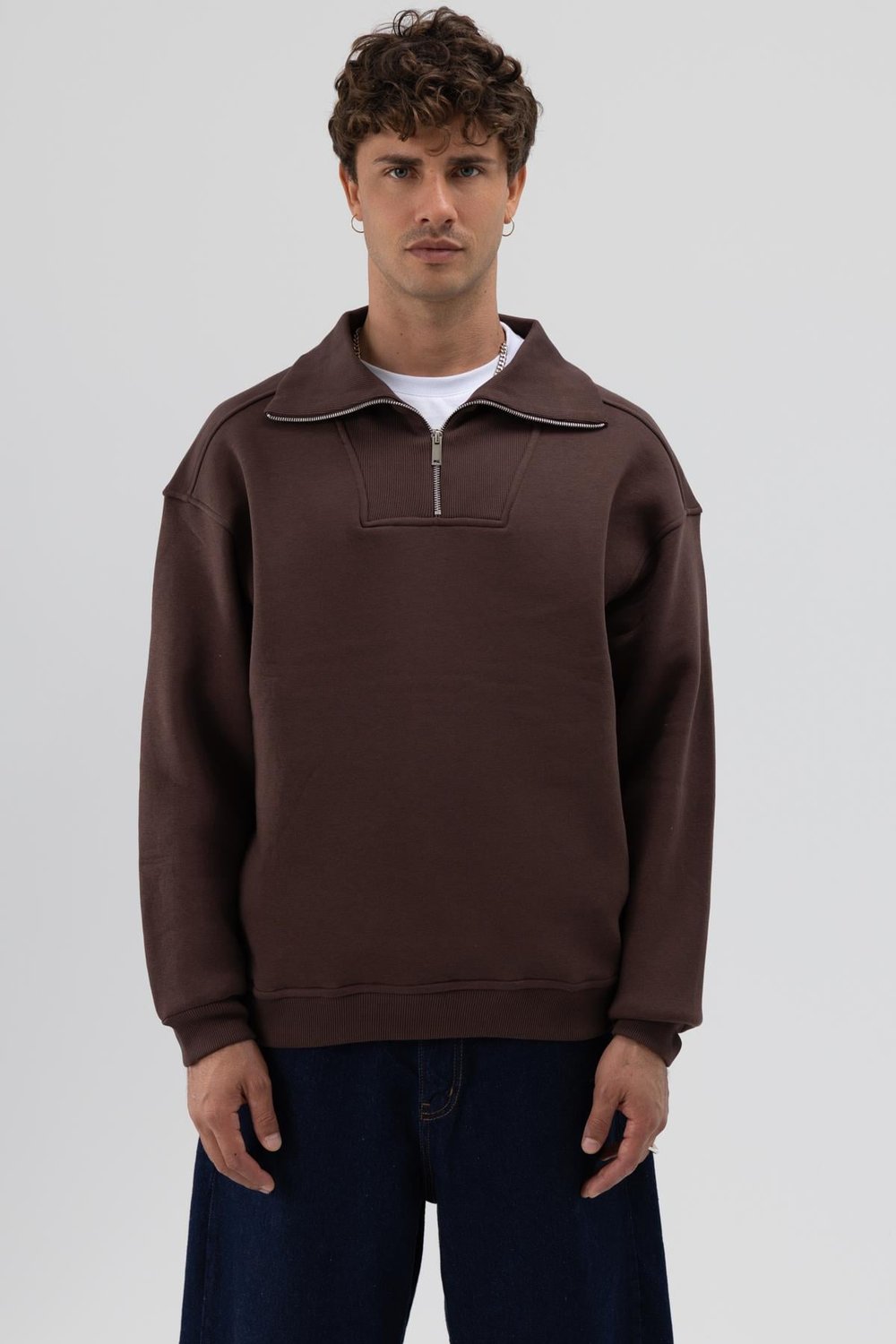 Basic Fermuarlı Dik Yaka Sweatshirt Kahve
