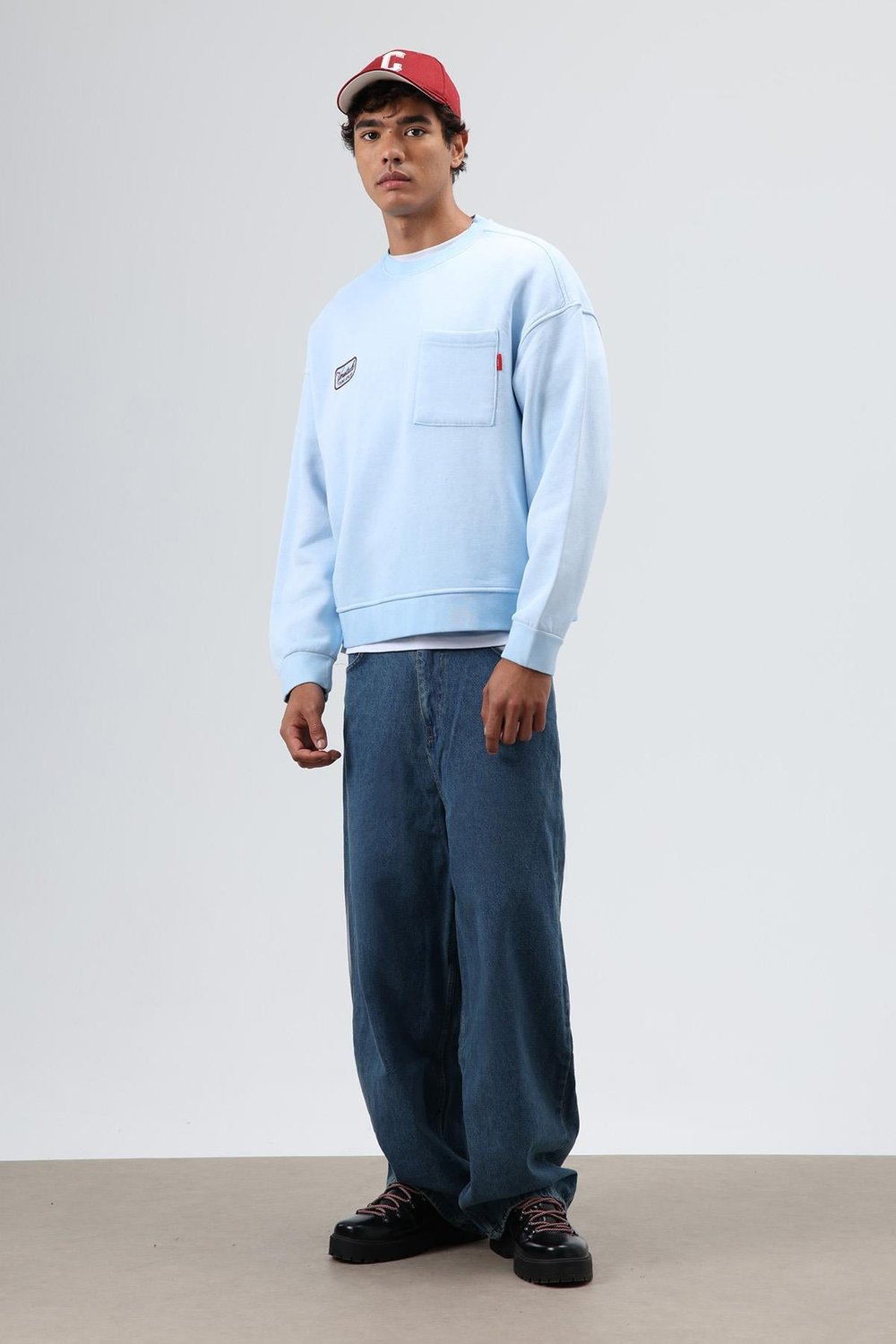 Oversize Bisiklet Yaka Cepli Sweatshirt Bebe Mavi