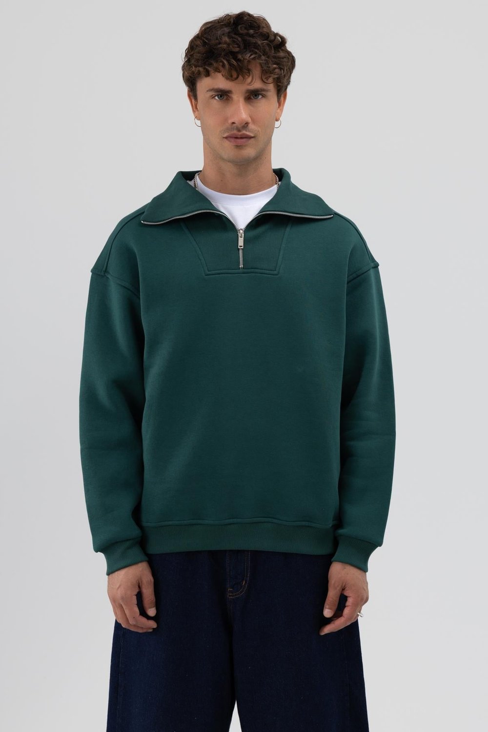 Basic Fermuarlı Dik Yaka Sweatshirt Nefti