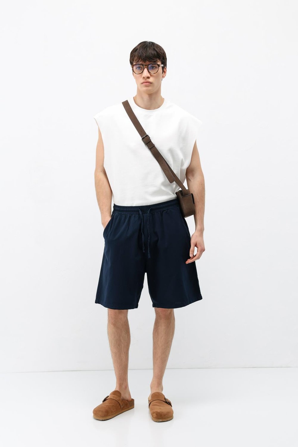 Oversize Keten Şort Lacivert