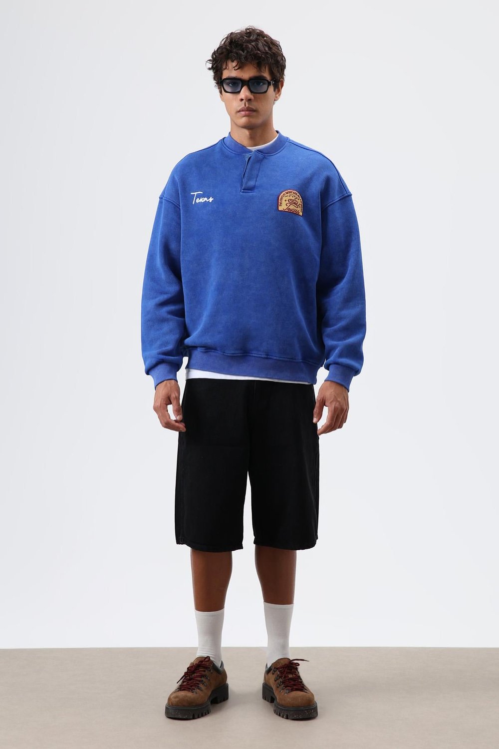 Oversize Bisiklet Yaka Baskılı Sweatshirt Saks