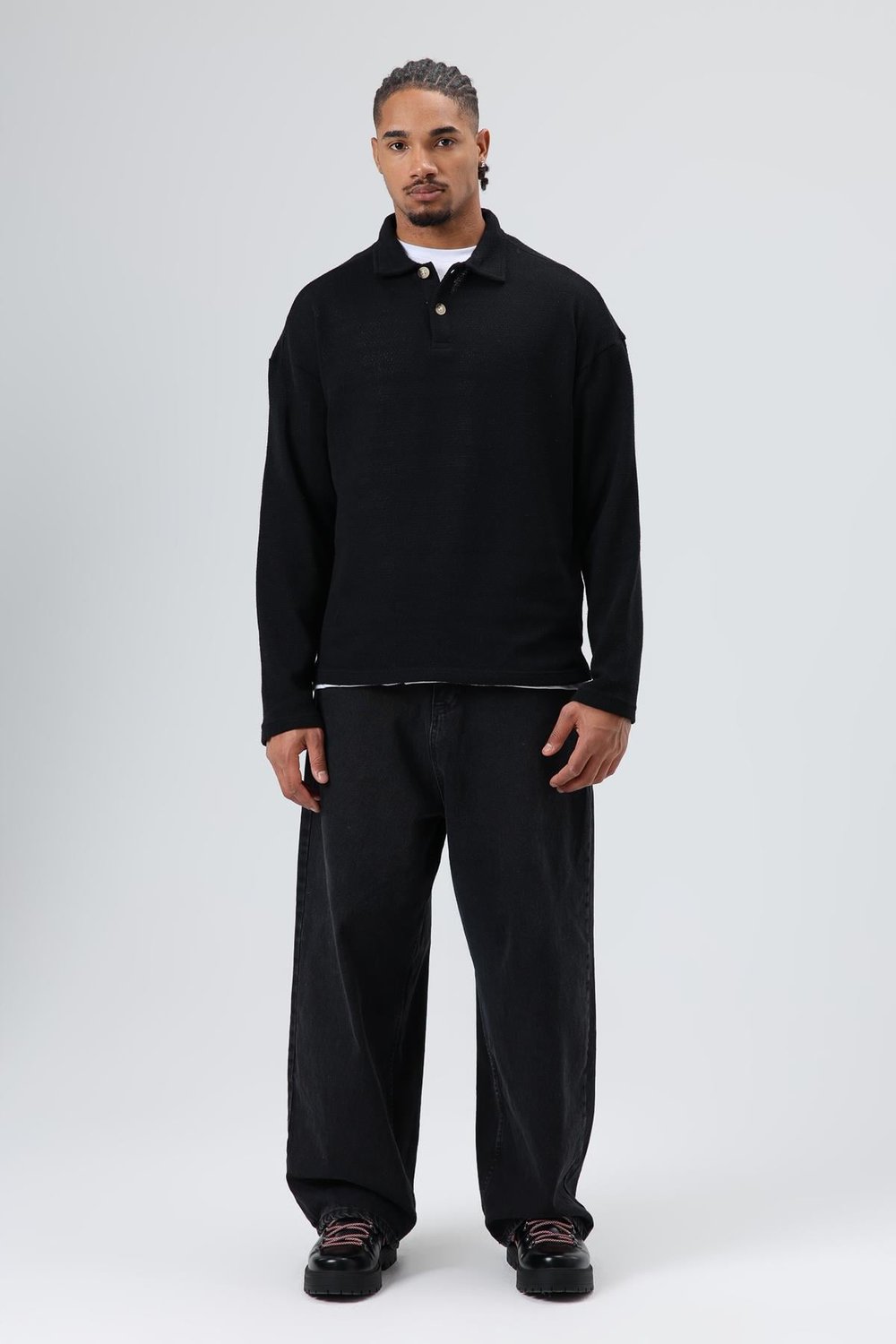 Oversize Polo Yaka Triko Kazak Siyah
