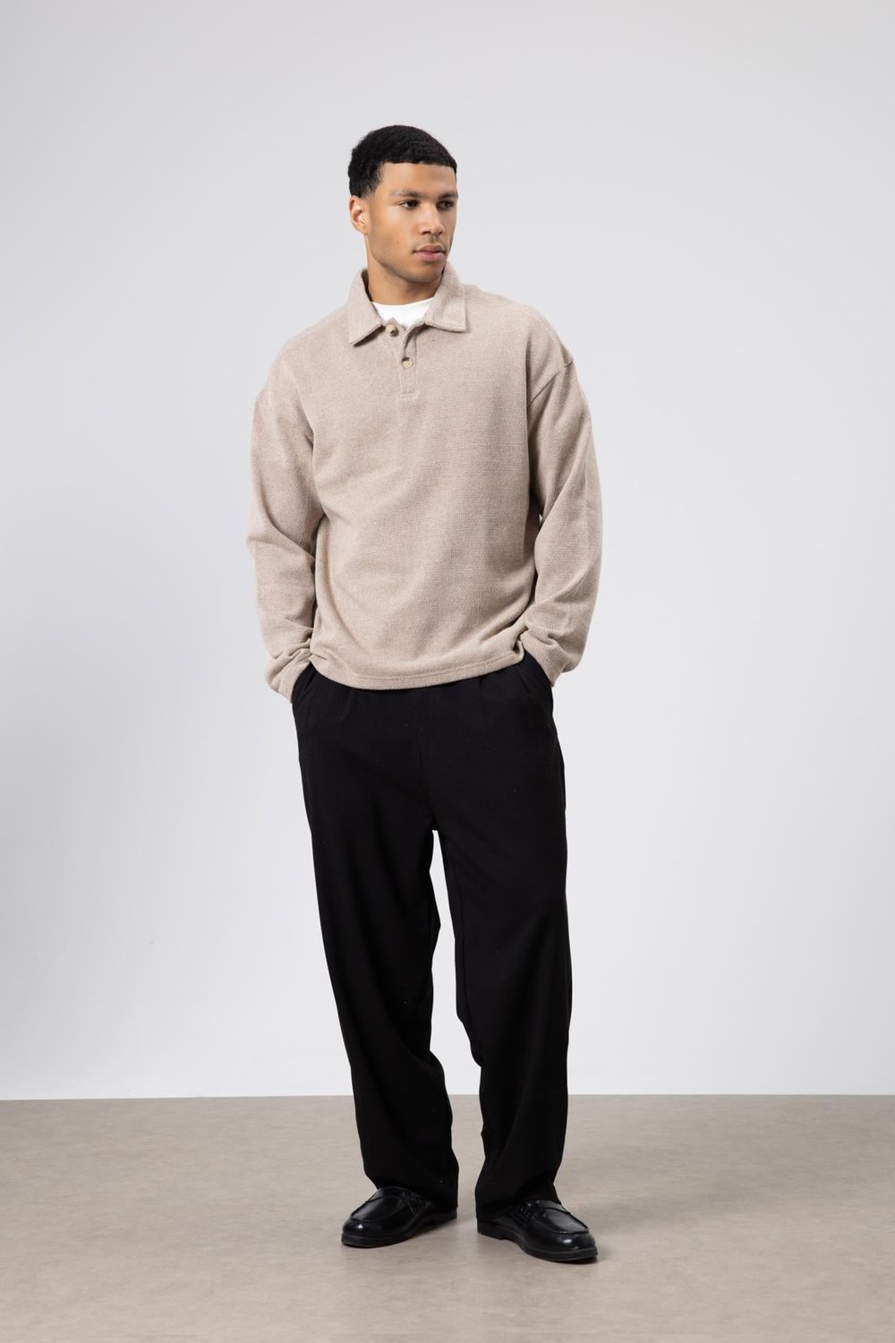 Oversize Polo Yaka Triko Kazak Vizon