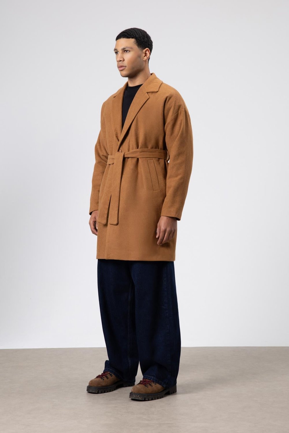 Kemerli Oversize Kaşe Kaban Taba