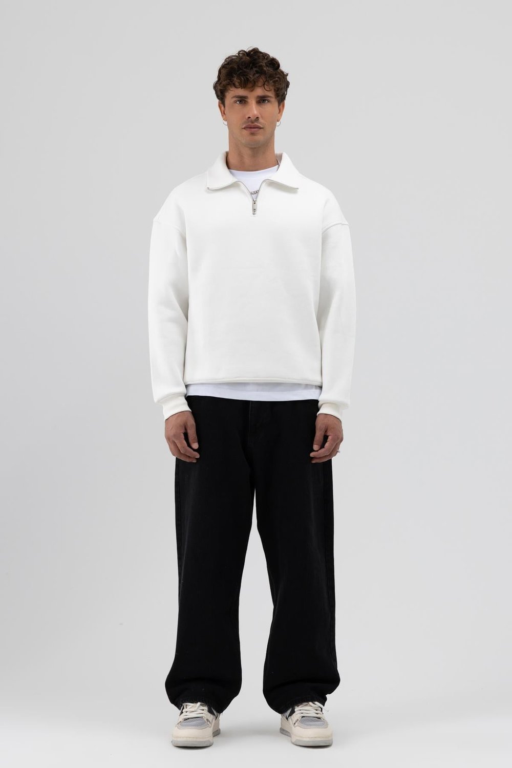 Oversize Fermuarlı Dik Yaka Sweatshirt Ekru