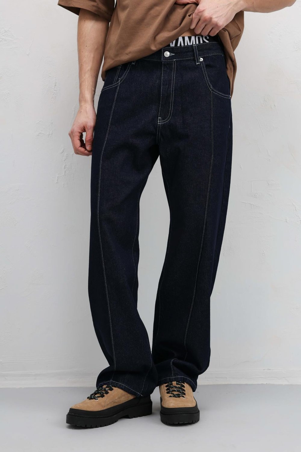 Dikiş Detaylı Relaxed Fit Jean Koyu Mavi