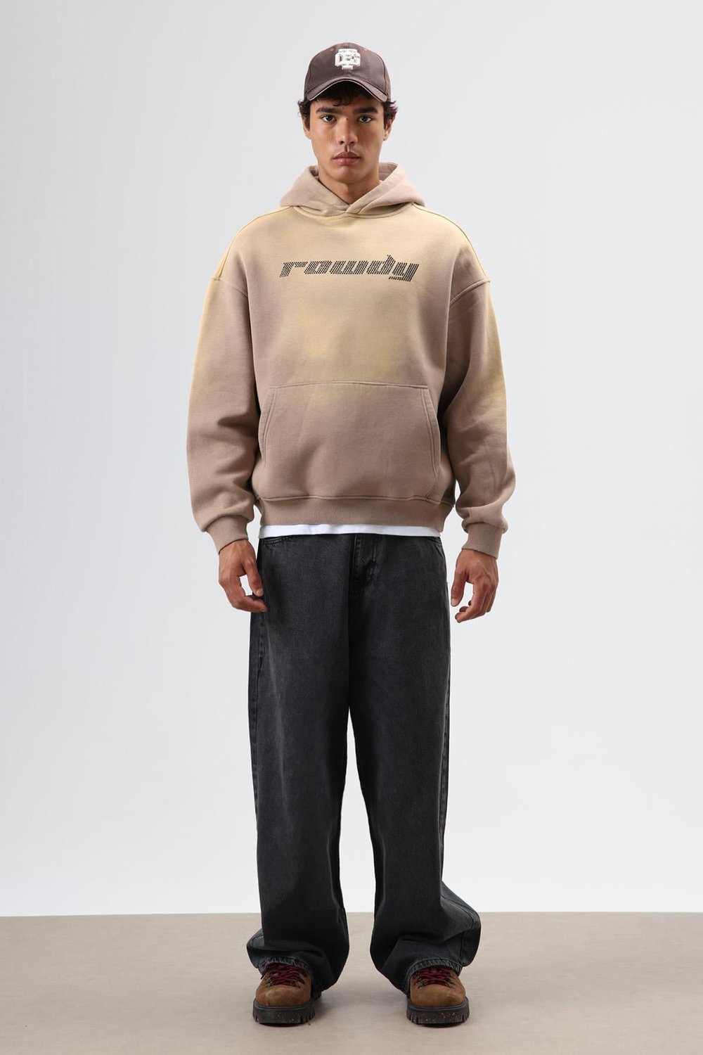 Oversize Baskılı Yıkamalı Hoodie Vizon