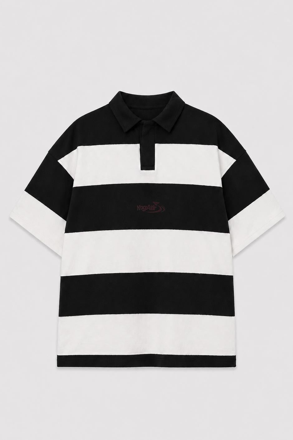 Oversize Rugby Yaka Çizgili Tişört Siyah