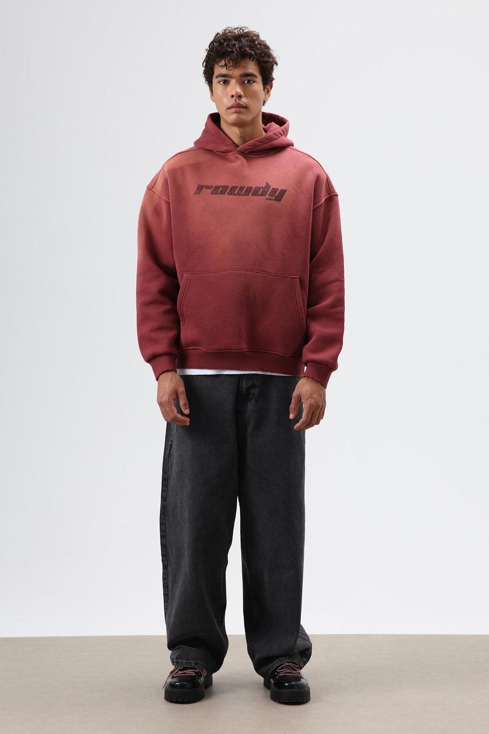 Oversize Baskılı Yıkamalı Hoodie Bordo
