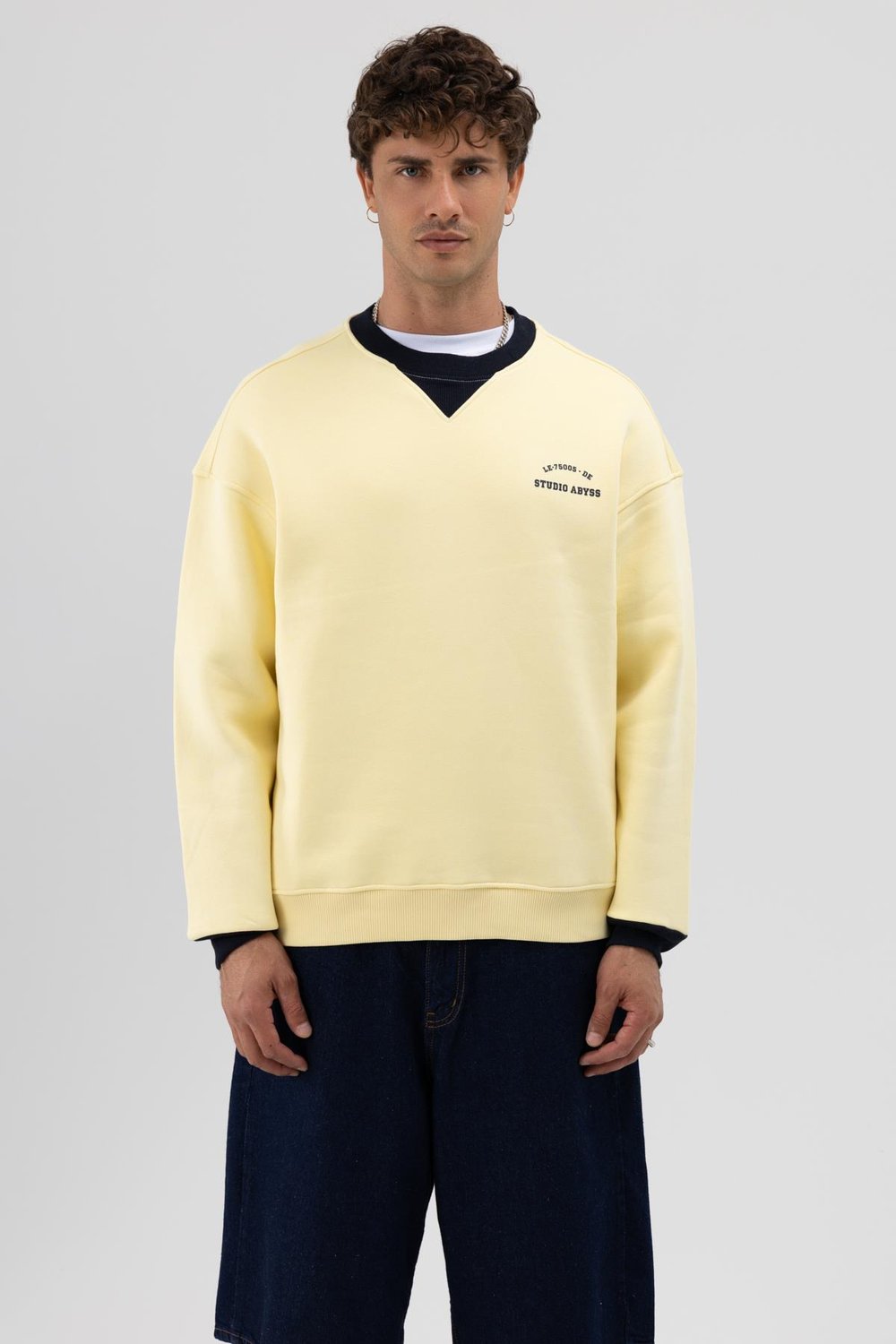 Oversize Bisiklet Yaka Baskılı Sweatshirt Sarı