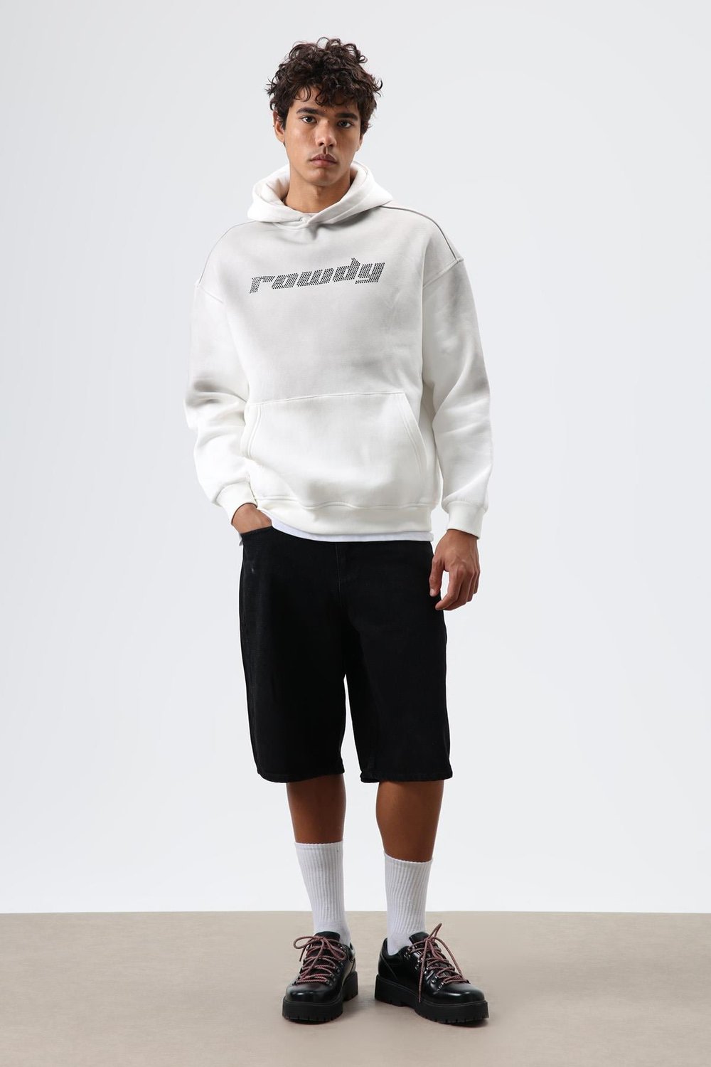 Oversize Baskılı Yıkamalı Hoodie Ekru