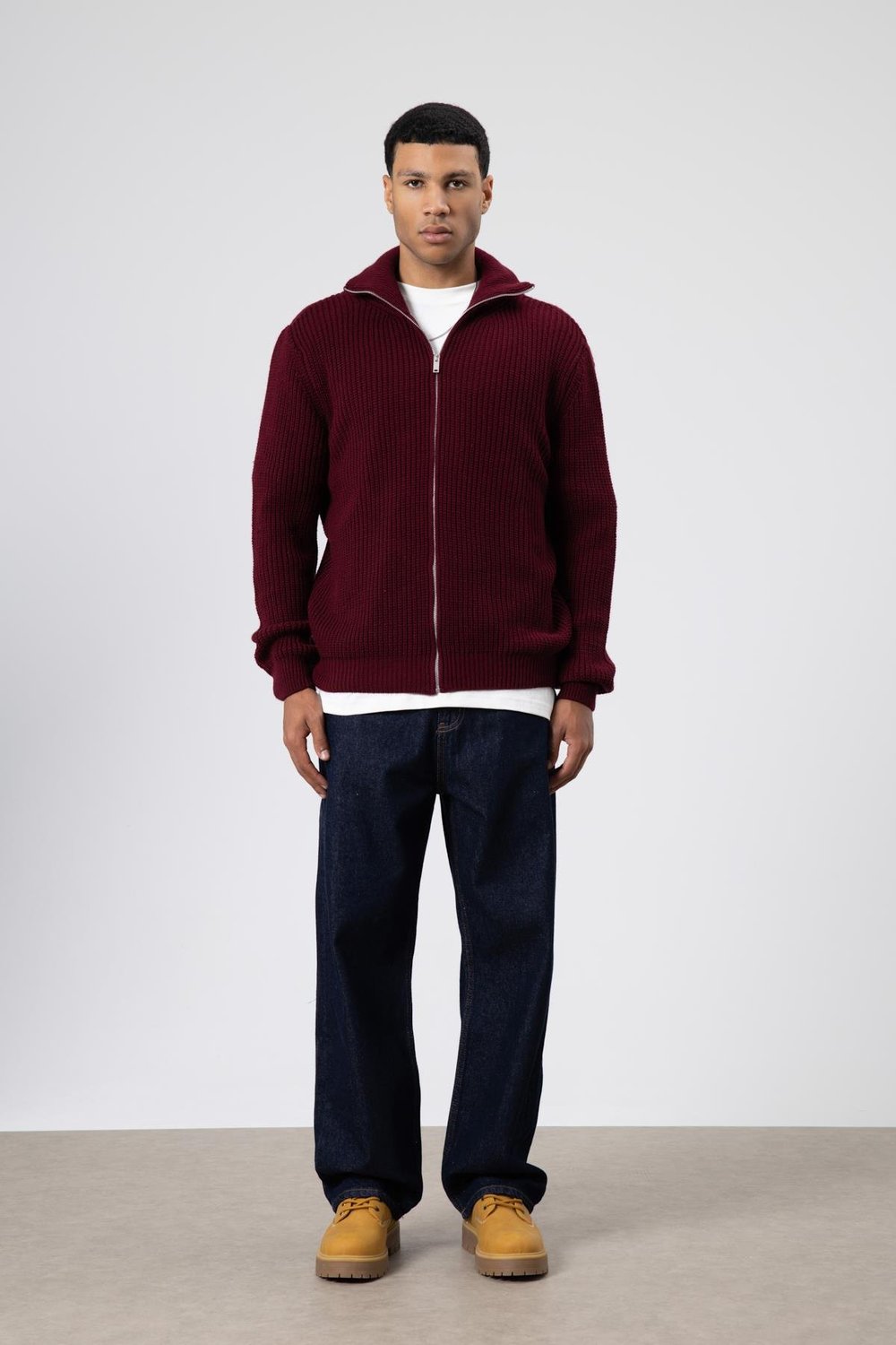 Oversize Fermuarlı Triko Hırka Bordo