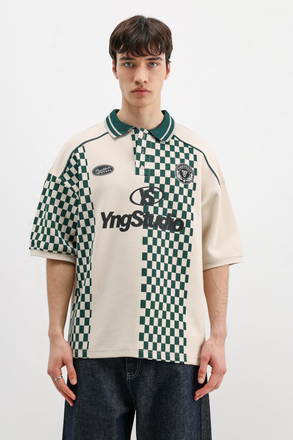 Polo Yaka Baskılı Oversize Tişört Taş