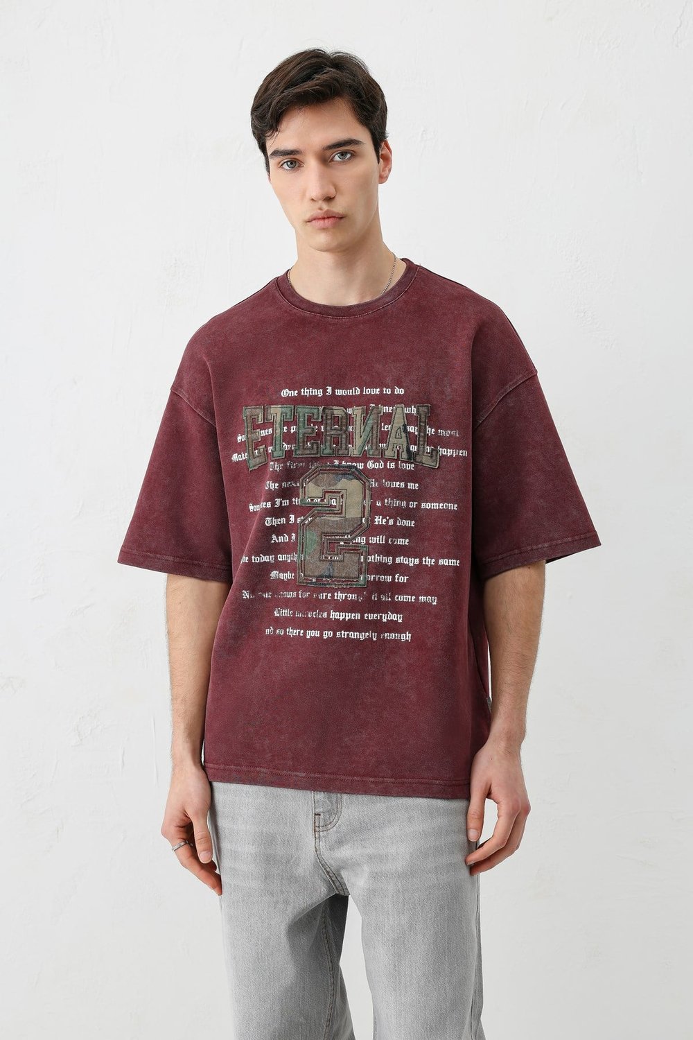 Oversize Baskılı Tişört Bordo