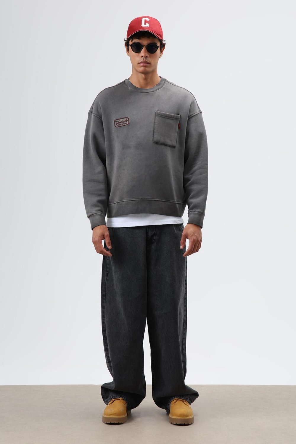 Oversize Bisiklet Yaka Cepli Sweatshirt Siyah