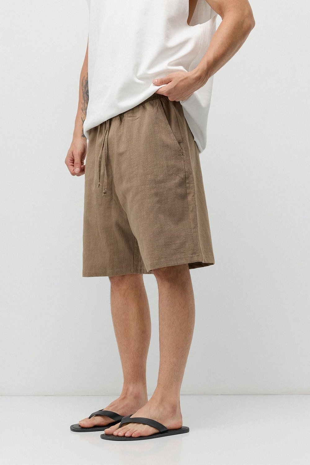 Basic Oversize Keten Şort Taş