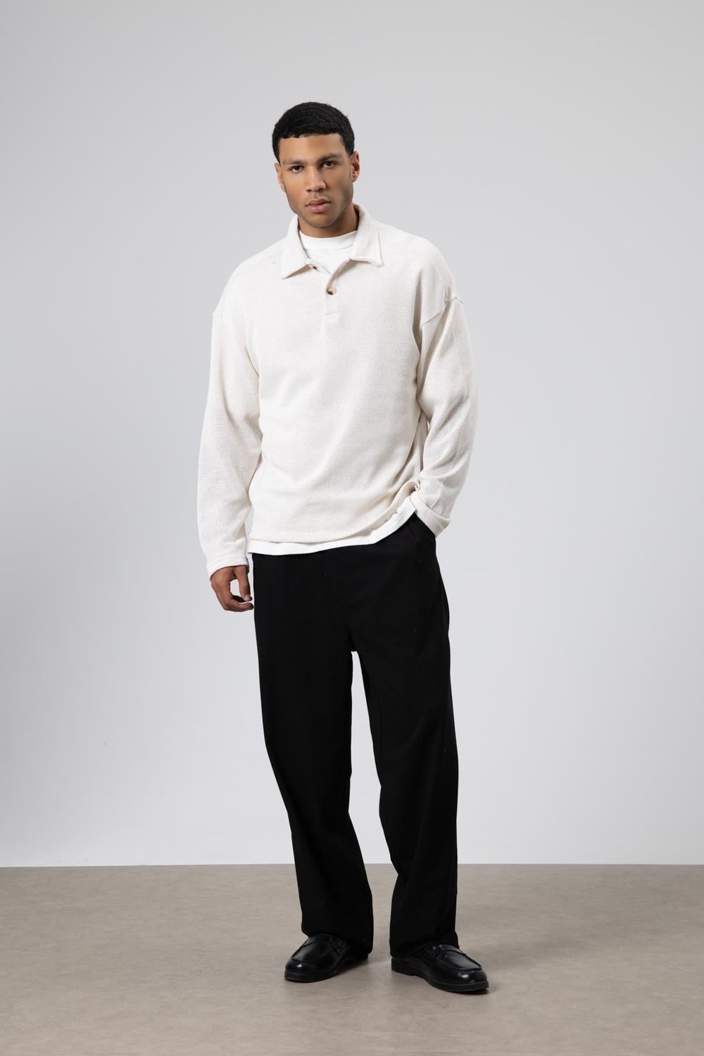 Oversize Polo Yaka Triko Kazak Ekru