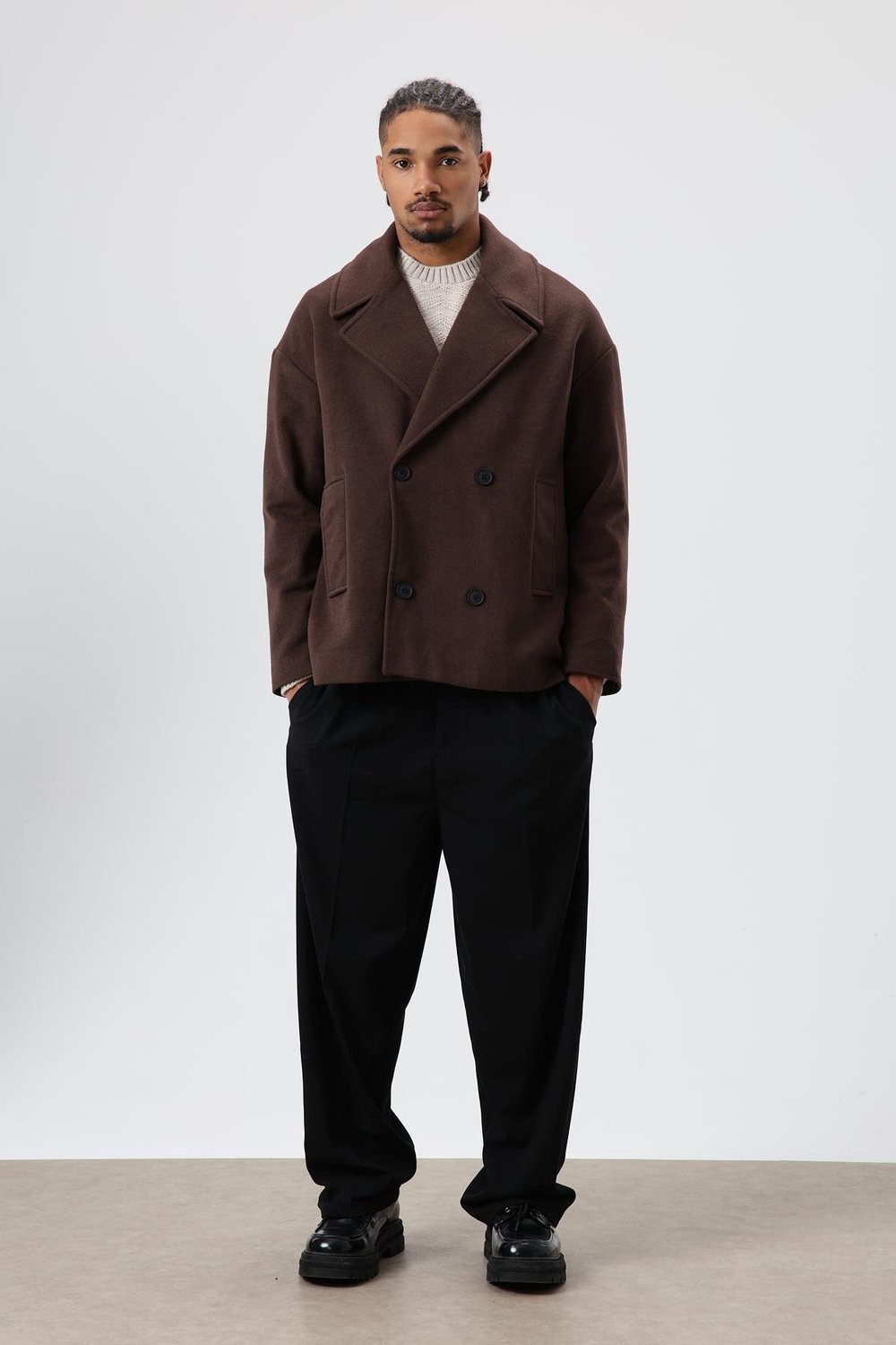 Oversize Kruvaze Kısa Kaşe Ceket Kahve