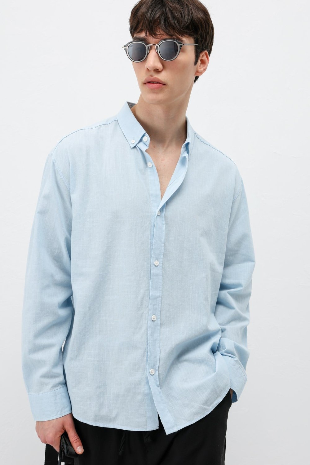 Basic Oversize Pamuk  Keten Gömlek Bebe Mavi