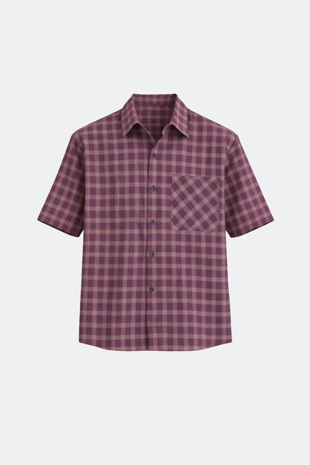Kareli Kısa Kollu Oversize Gömlek Bordo