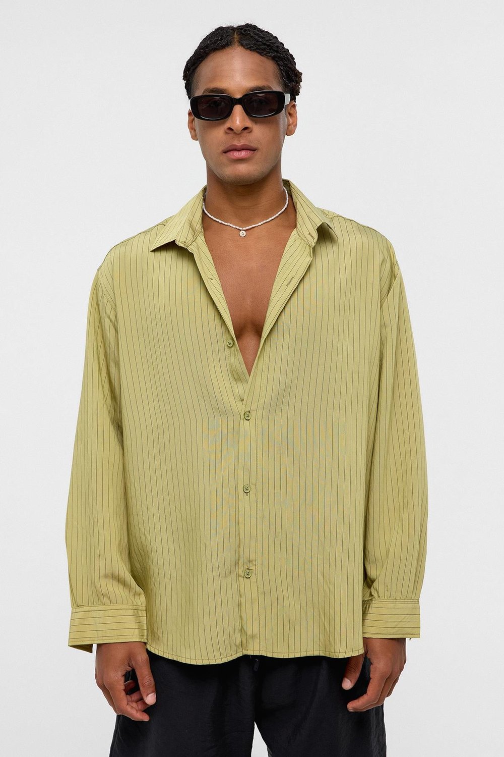 Oversize Çizgili Uzun Kollu Gömlek Yeşil