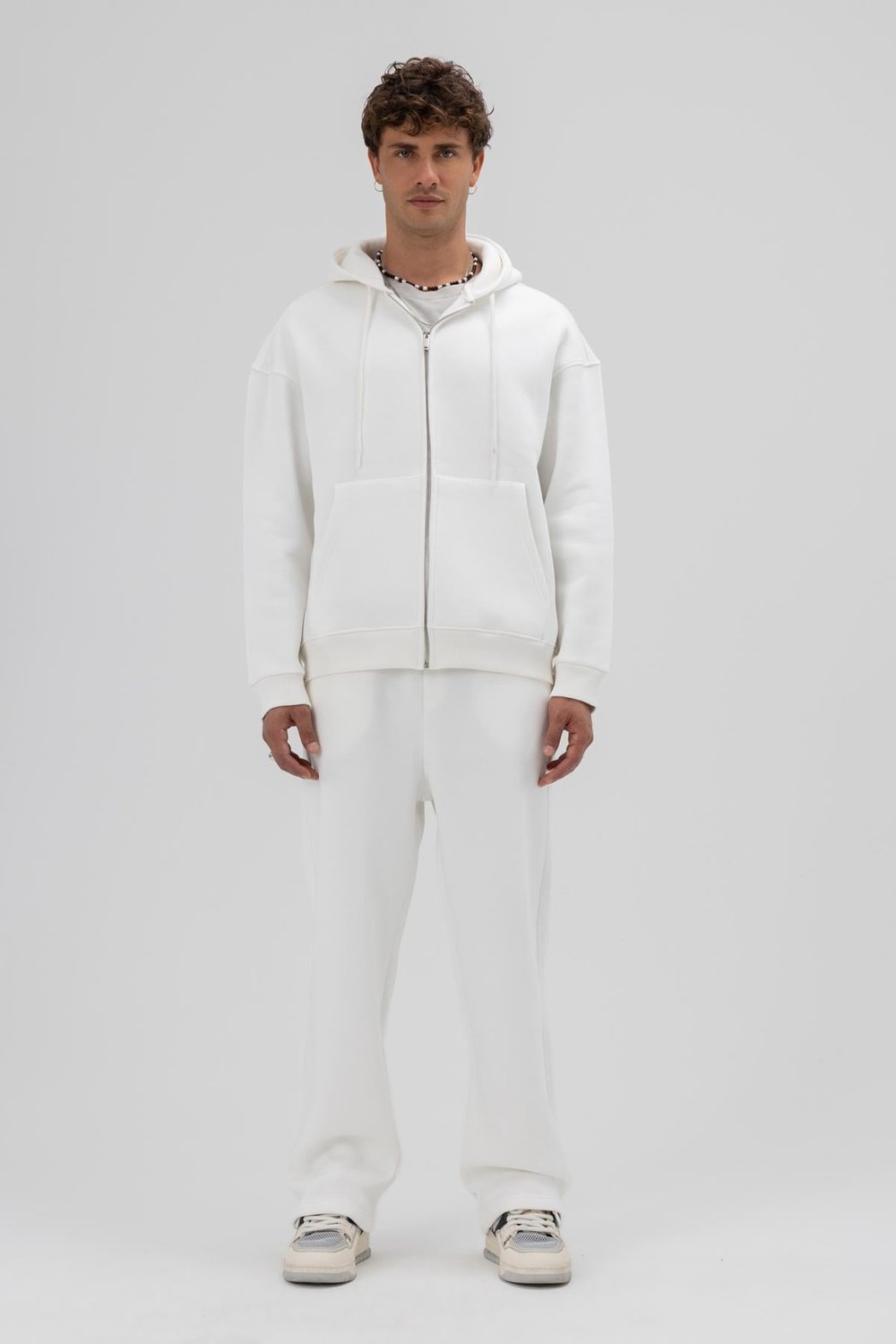 Basic Fermuarlı Oversize Kapüşonlu Sweatshirt Ekru