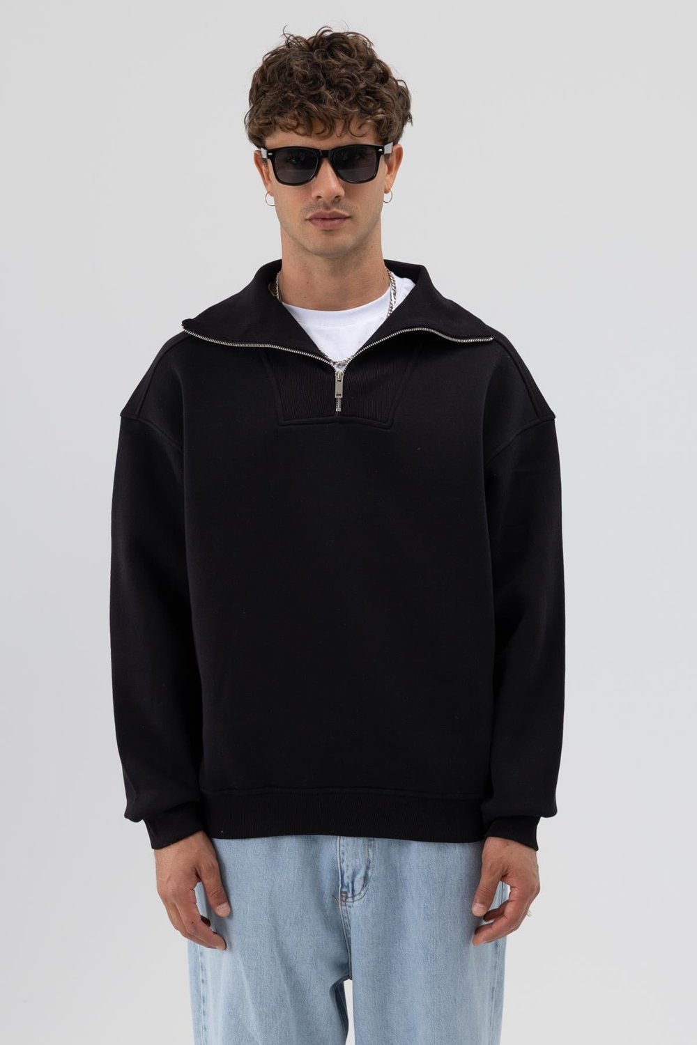 Basic Fermuarlı Dik Yaka Sweatshirt Siyah