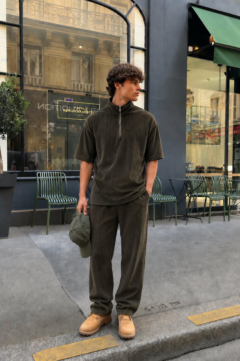 Yarım Fermuarlı Oversize Fitilli Tişört Haki