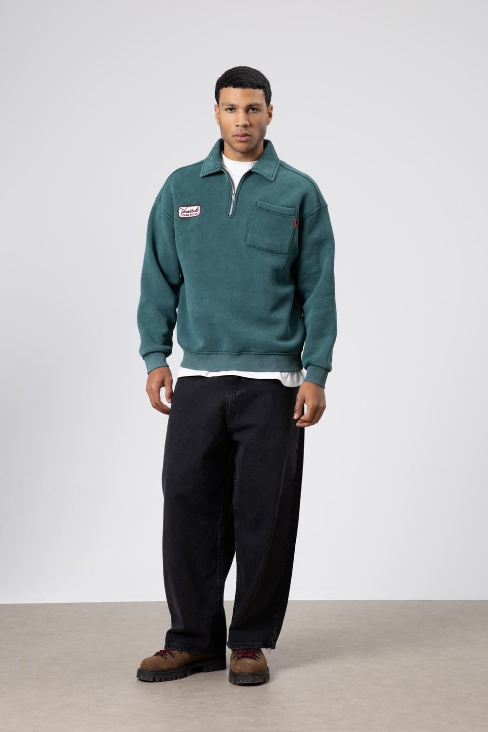 Yaka Fermuarlı Oversize Baskılı Sweatshirt Nefti