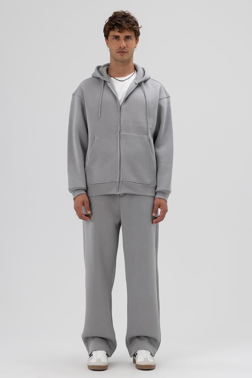 Basic Fermuarlı Oversize Kapüşonlu Sweatshirt Gri