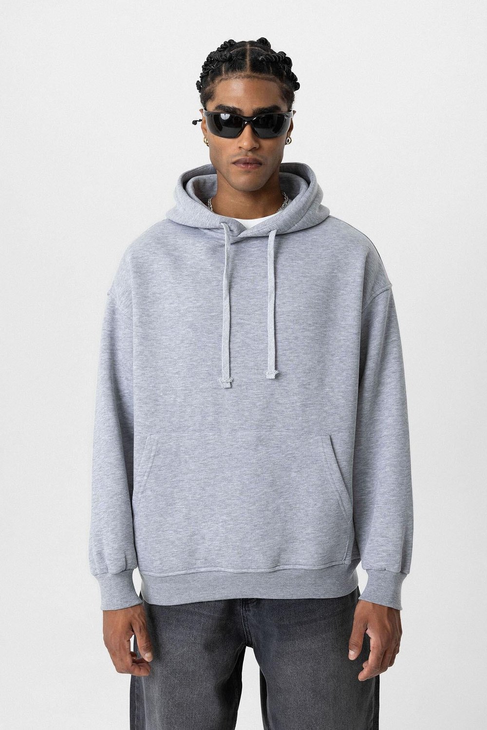 Basıc Oversize Kapüşonlu Cep Detaylı Sweatshirt Gri Melanj