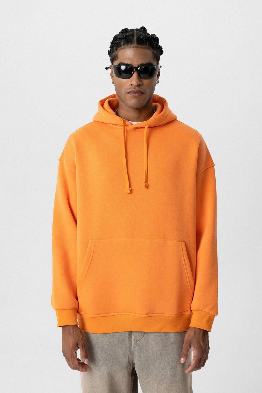 Basıc Oversize Kapüşonlu Cep Detaylı Sweatshirt Oranj