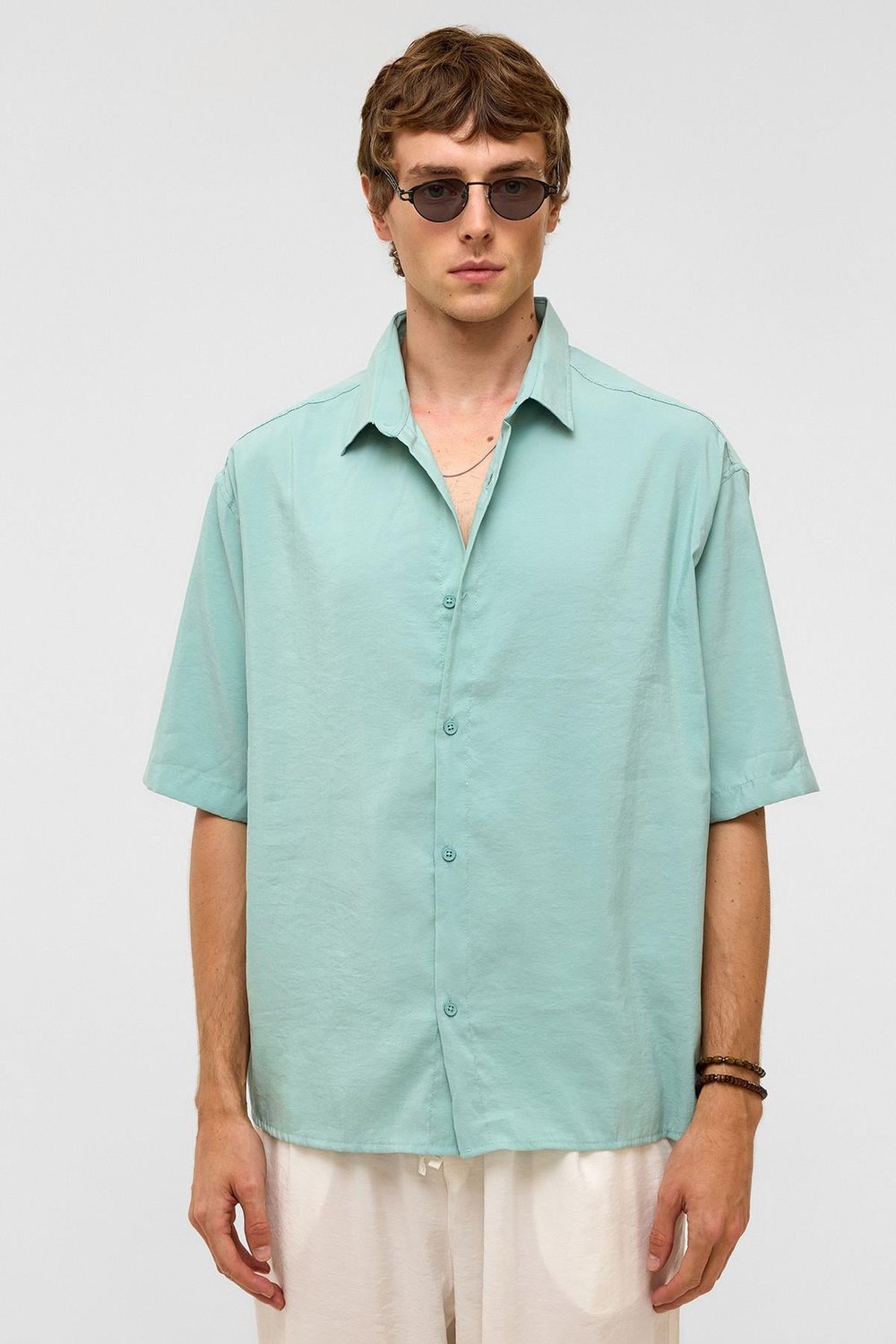 Basic Oversize Kısa Kollu Modal  Gömlek Turkuaz
