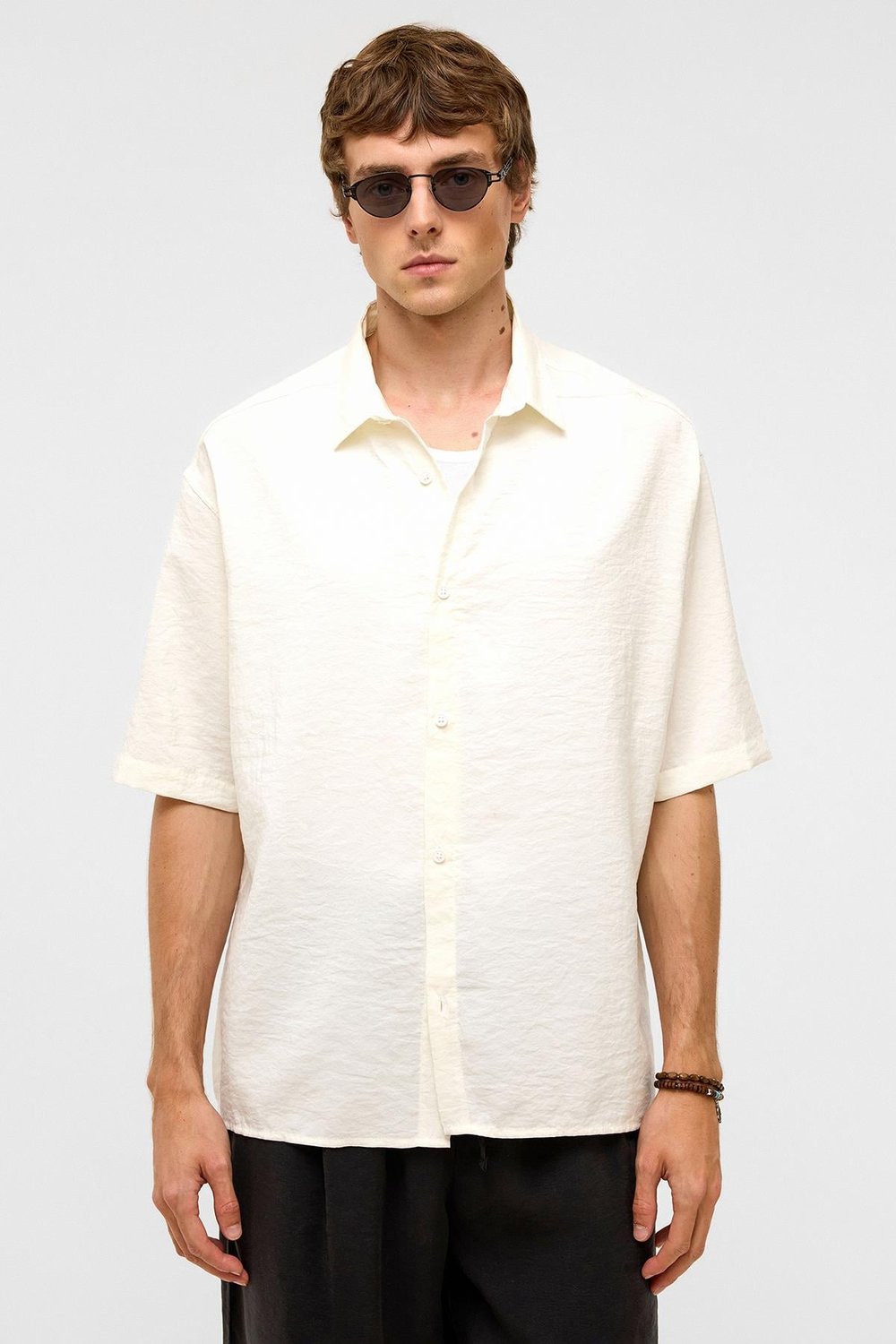 Basic Oversize Kısa Kollu Modal  Gömlek Ekru