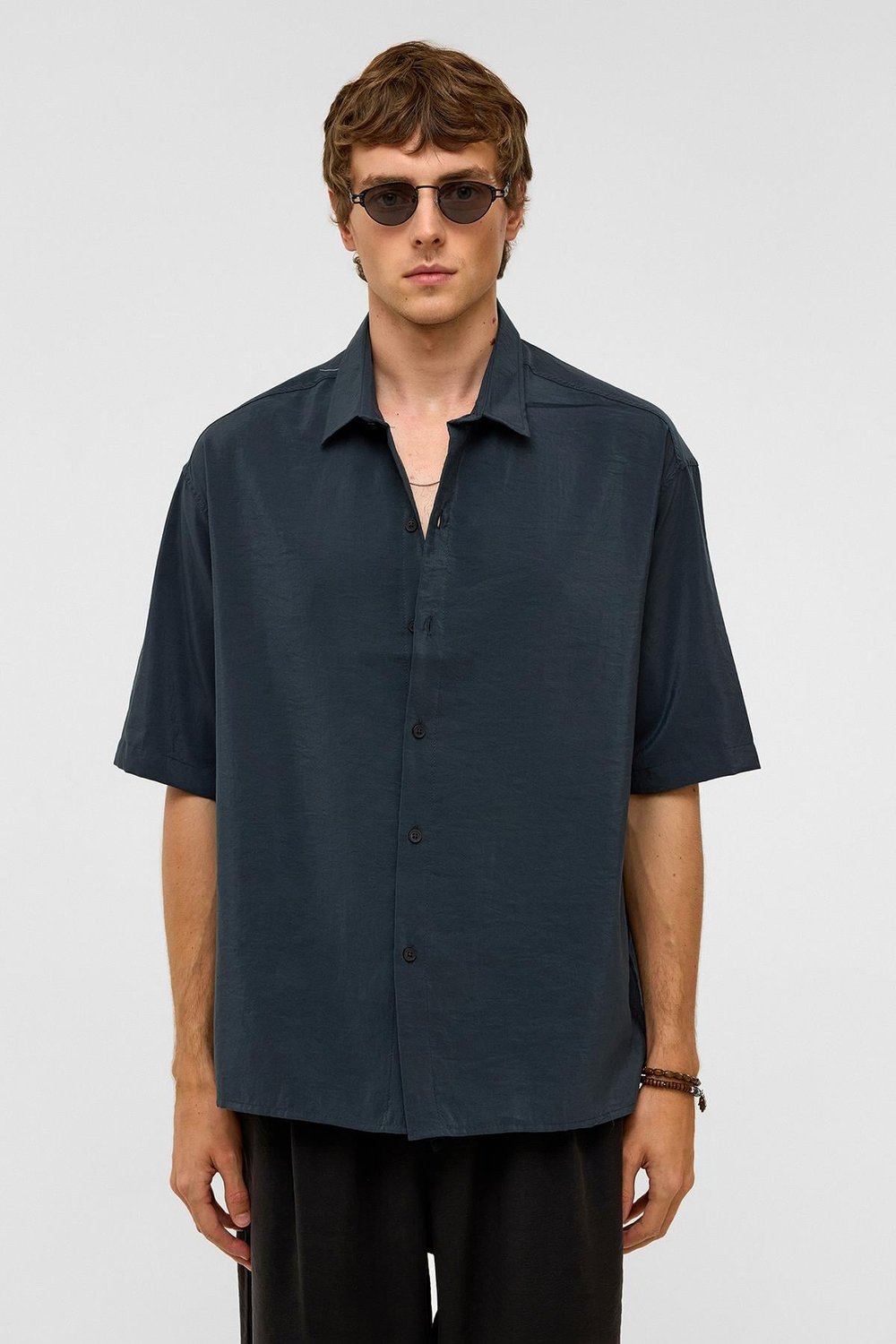 Basic Oversize Kısa Kollu Modal  Gömlek Füme